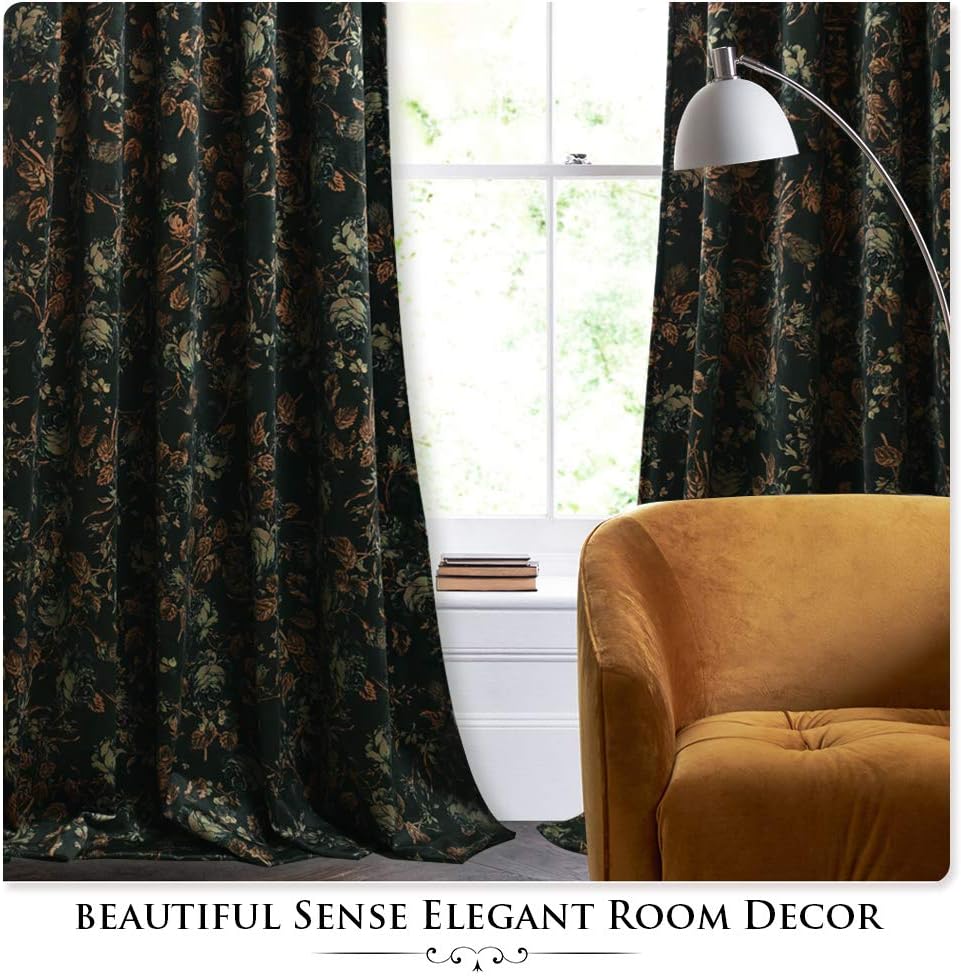 Black Velvet Curtains 84 inches Long - Printed Floral Design Home Decoration Luxury Thermal Insulated Blackout Window