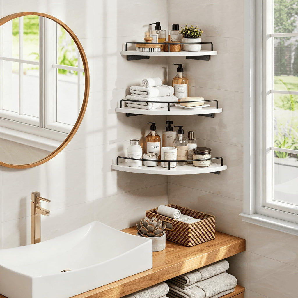 Corner Wall Shelves, 3 Tier Wooden Corner Floating Shelves, White