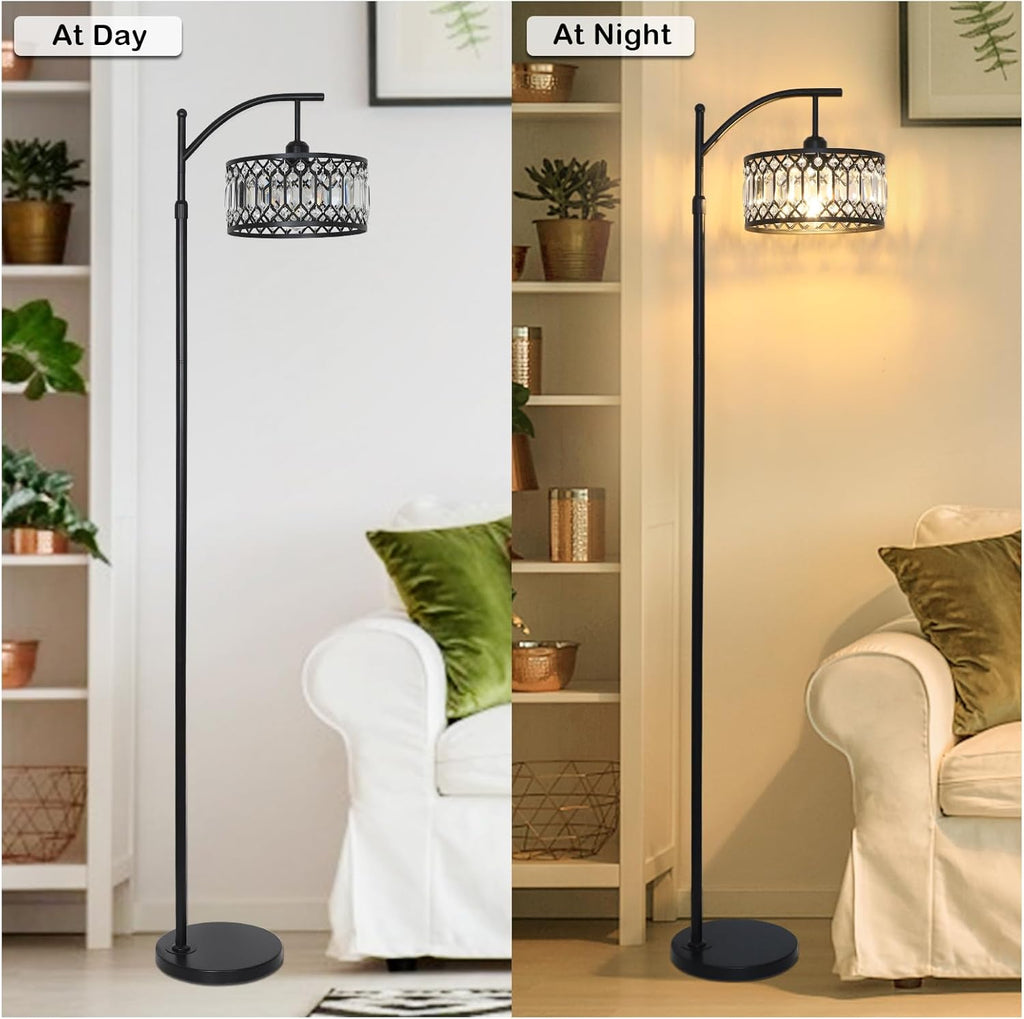 Crystal Floor Lamps, Modern Arc Floor Lamp, Black Standing Lamp with Edison Bulb, Height Adjustable Tall Lamp