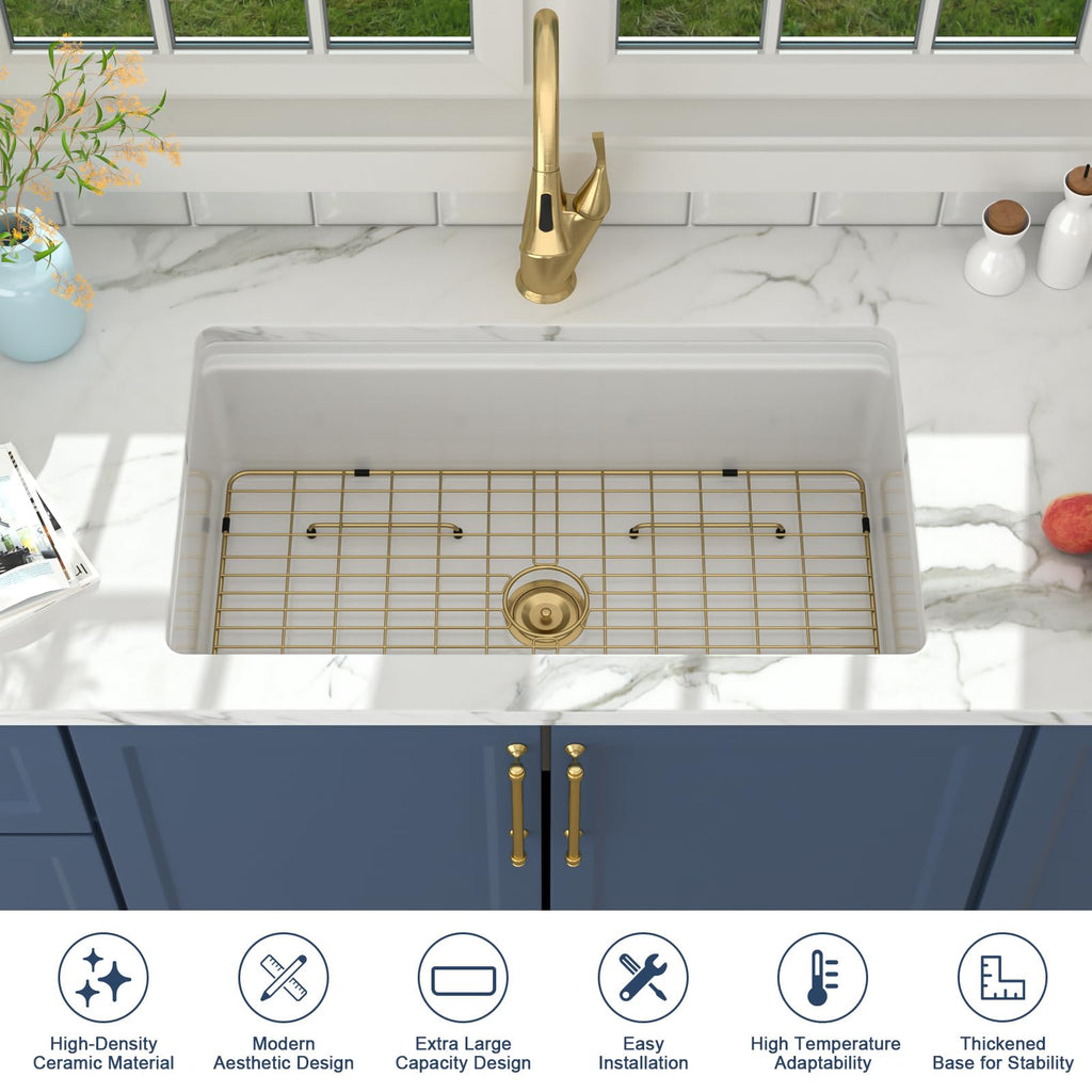 33 Inch White Kitchen Sink Fireclay Porcelain Ceramic Undermount Sinks Single Bowl Rectangular Basin Workstation with
