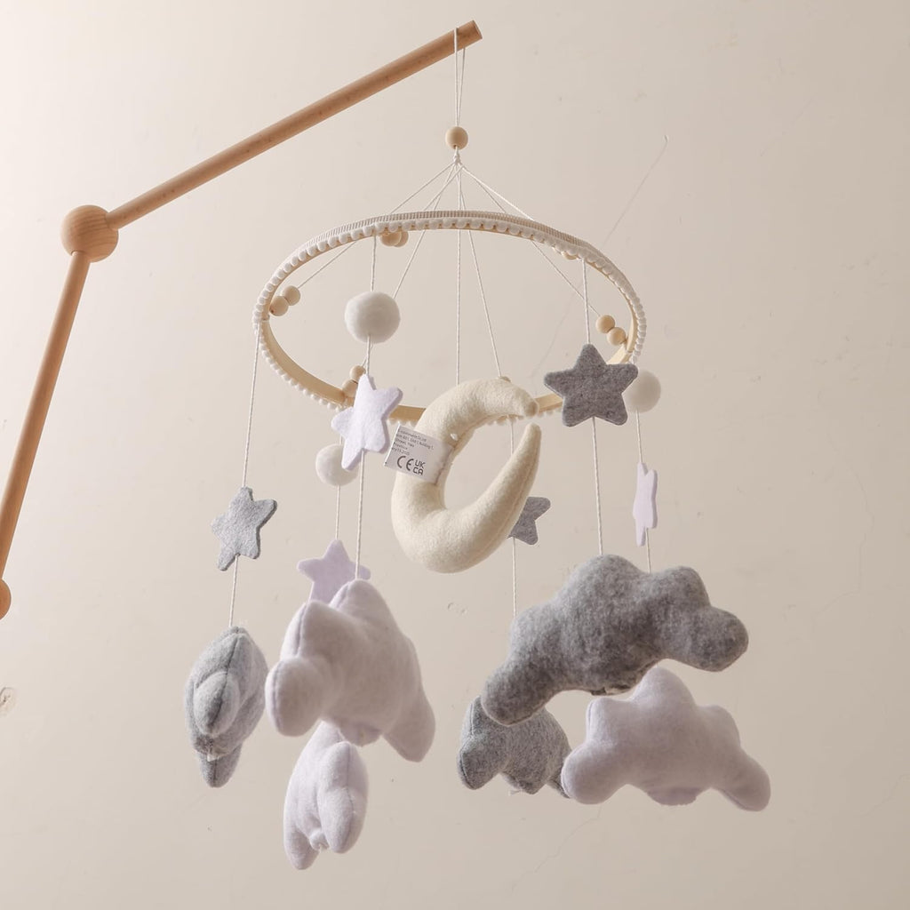 Nordic Boho Baby Crib Bell - Moon & Stars Felt Nursery Decor, Neutral Minimalist Baby Room Hanging Ornament, Modern