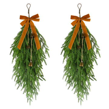 2 Pcs 27" Christmas Teardrop Swag/Artificial Norfolk Pine Teardrop Wreath .Yellow Velvet Bow & 6 Vintage Brass Bells