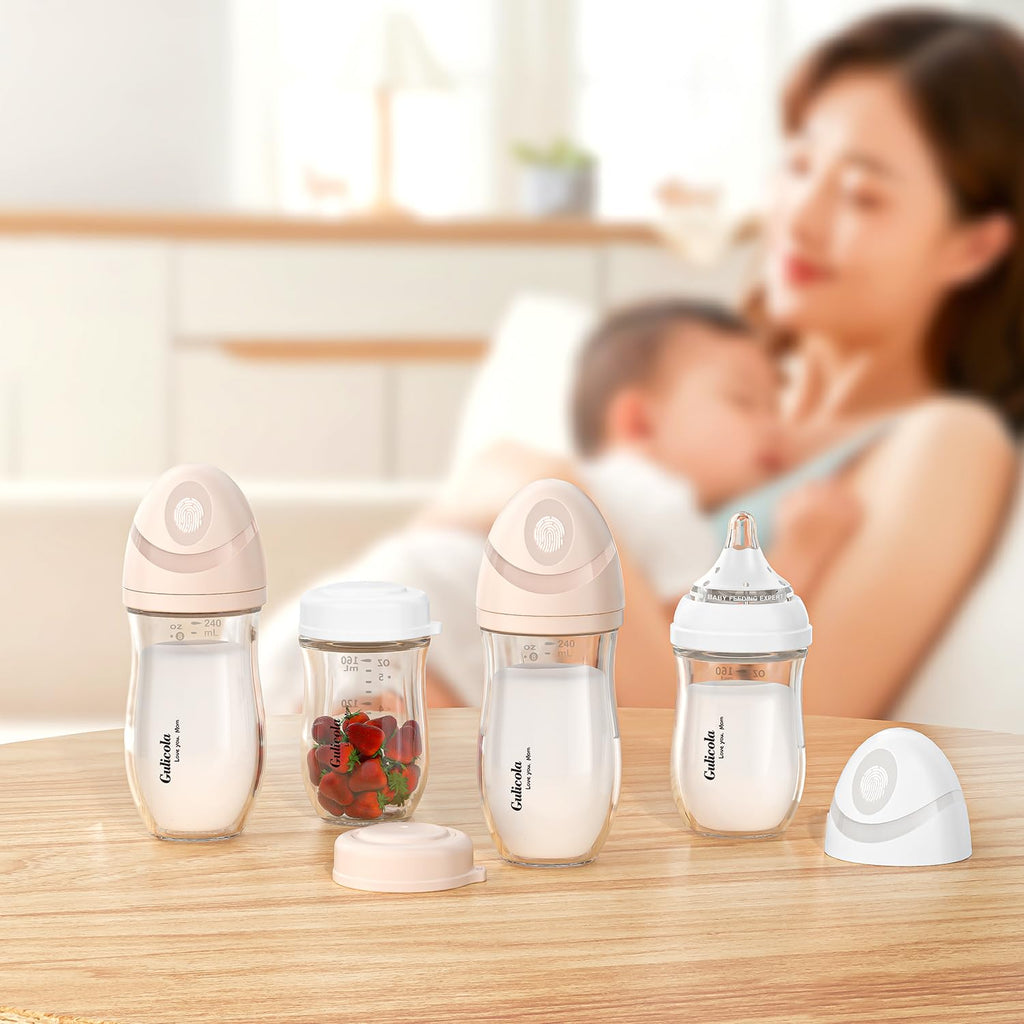 Natural Glass Baby Bottle for Breastfed Babies, Anti-Colic Baby Bottle Set with Medium Flow Nipple, 3 Months +, 8 oz
