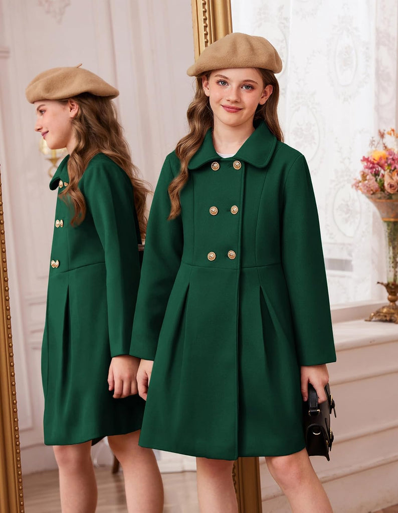 Girls Dress Coat Wool Peacoat with Lapel Pockets Winter Warm Long Jacket for Kids