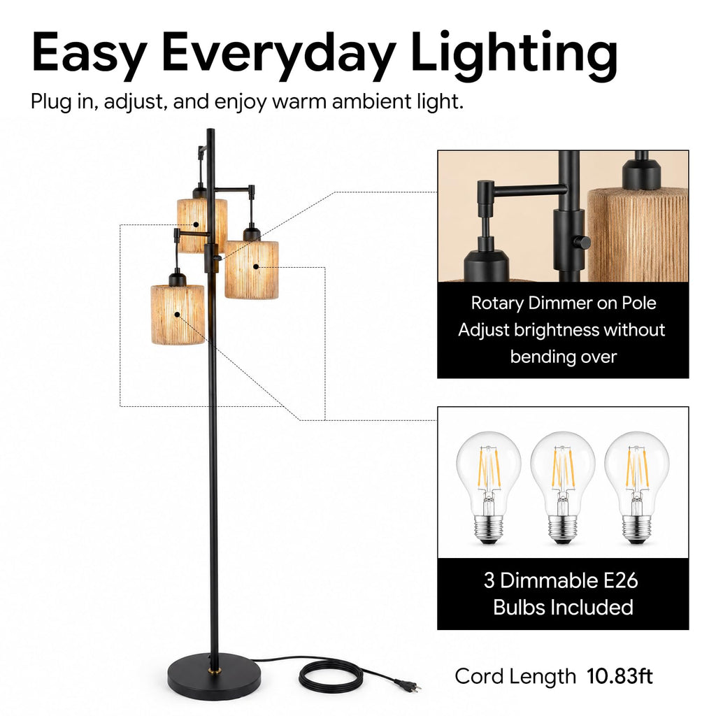 Dimmable Boho Floor Lamp, 3-Light Tree Lamp with Hemp Rope Shades