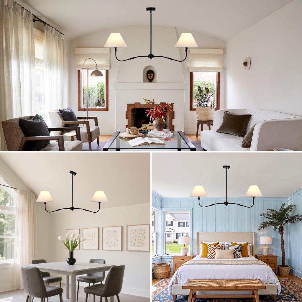 47" Modern Linear Chandelier Island, 2-Light Black Linear Dining Room Light Fixture with White Fabric Shade, Hanging