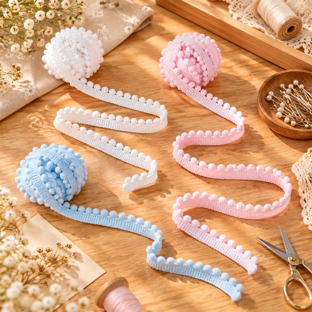 Pom Pom Trim Ribbon, 10 Yards White Pom Ball Fringe Trim for Sewing DIY