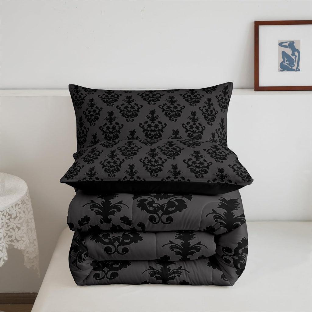 Gothic Bedding - Victorian Damask Twin Bed Set, Black Floral Comforter, Bohemian Goth Decor, Black & Gray