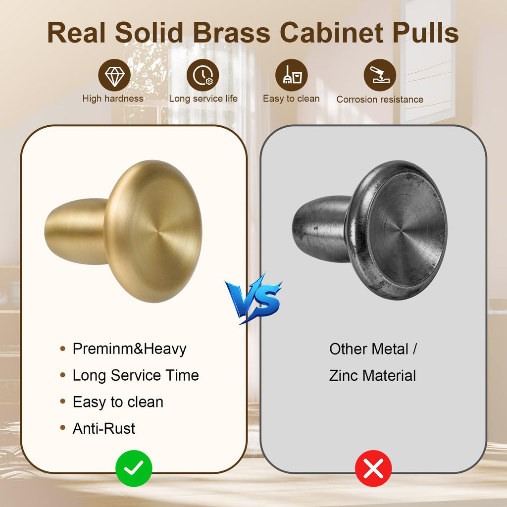 4 Pack Solid Brass Cabinet Knobs - 1.18" Round Mushroom Drawer Knobs, Brushed Gold Hardware Dresser Cupboards