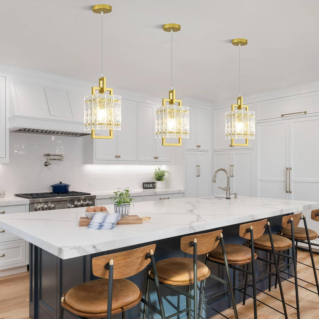 Gold Pendant Light Fixture - Modern Kitchen Island Water Ripple Glass Square Light - Adjustable Hanging Lighting for