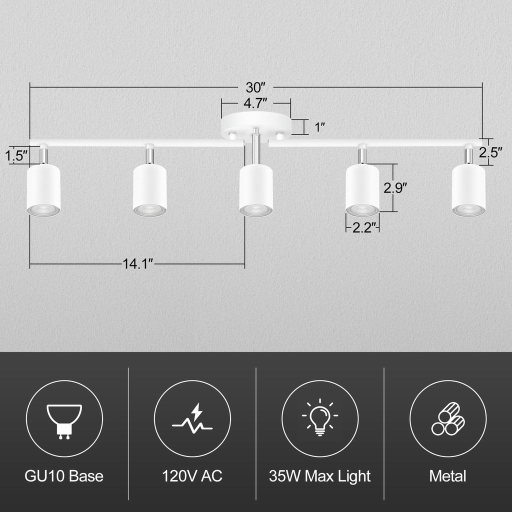 Track Lighting, LED Track Lighting Fixtures Ceiling, White Kitchen Lights, 30" Ceiling Spotlight Kit, 5 Light Wall