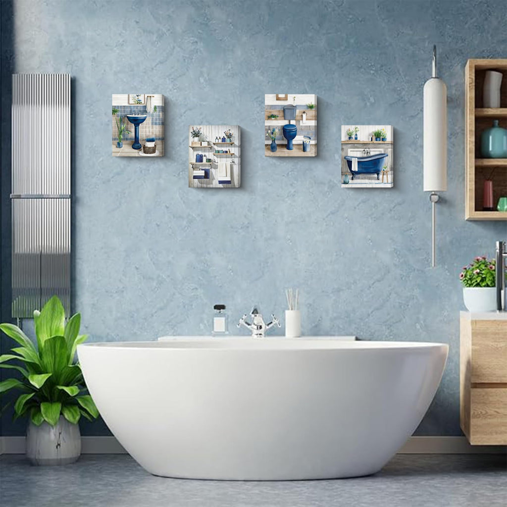 Framed Navy Blue Bathroom Wall Art, Bathroom Pictures Wall Decor Blue 4 Set