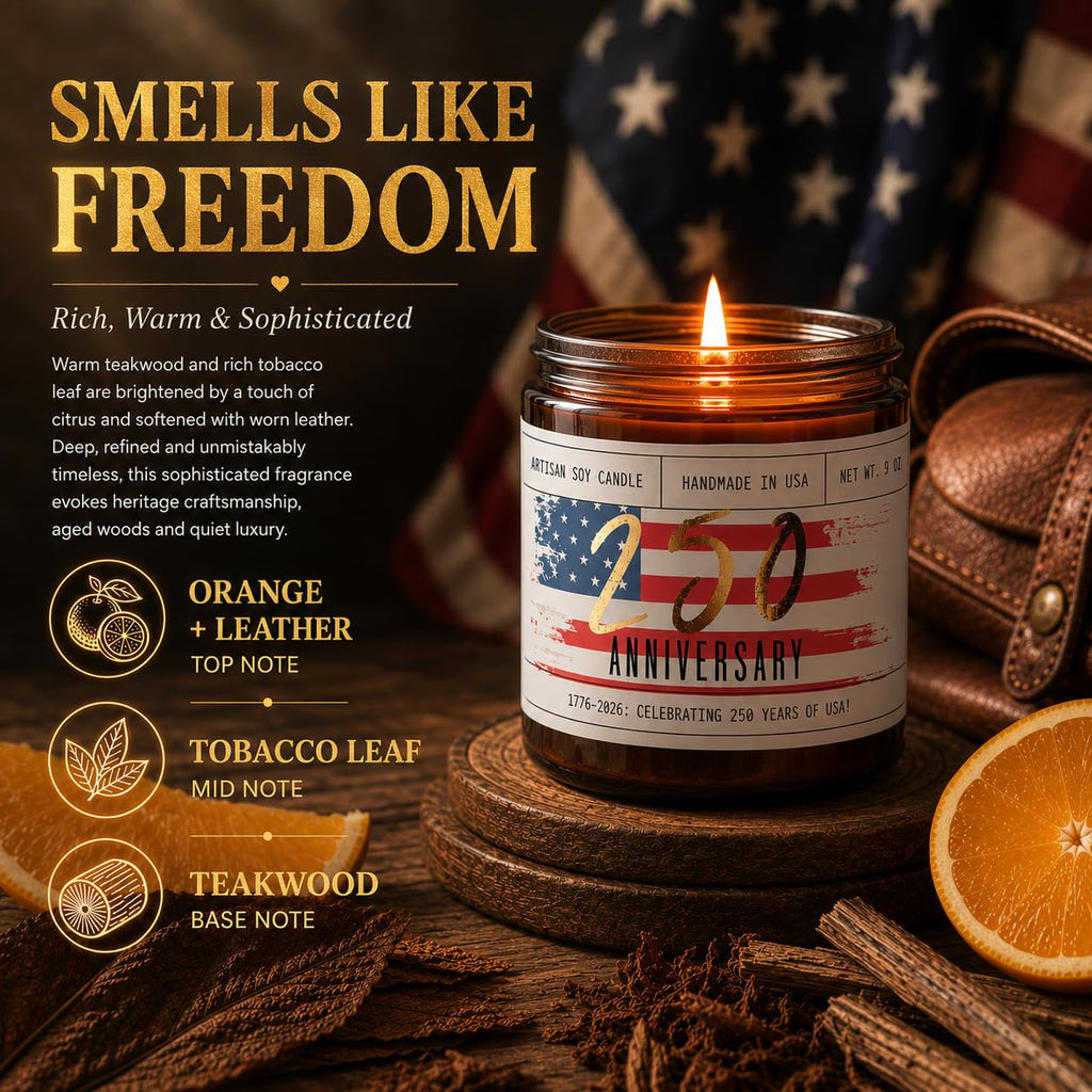 250 Anniversary USA Merchandise Women Patriotic Candles -w/Teakwood, Tobacco, Orange - 4th of July Candles Gifts for
