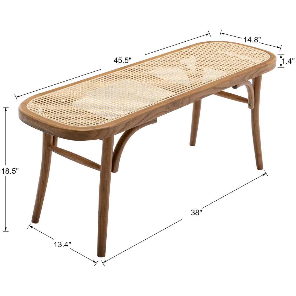 Farmhouse Wood Bench Seat Small Rattan Cane Bench Wicker Bench for End of Bed Living Room Entryway Foyer Indoor, Hand