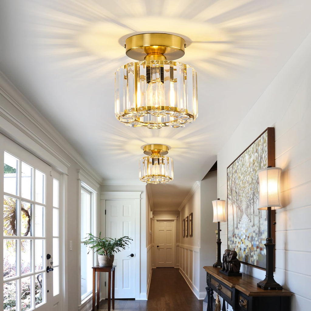 2 Pack Small Crystal Semi Flush Mount Ceiling Light Fixture Modern Gold Mini Round Chandelier Metal E26 Ceiling Lamp