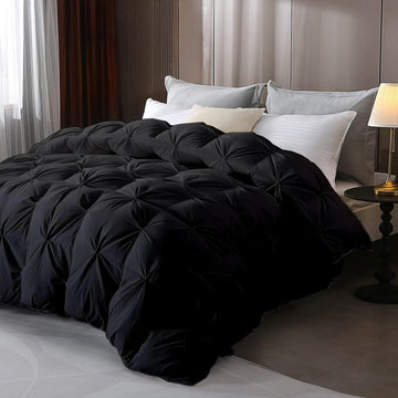 Queen Comforter Set Black - 3 Pieces Pinch Pleat 100% Egyptian Cotton Cover, with 8 Corner Tie Comforter & 2 Pillow