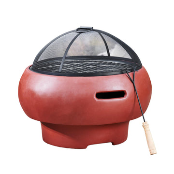 Outdoor 20.07 in. Round Wood-Burning Fire Pit with Faux Concrete Base, Spark Screen, Stainless Steel Grill
