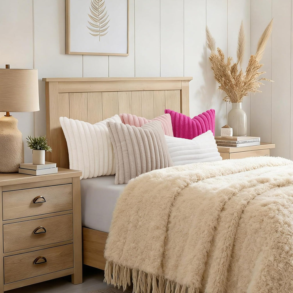 Summer Cozy Faux Fur Throw Pillow Covers 18x18 Set of 2 Decorative Soft Plush Striped Modern Farmhouse Boho Couch