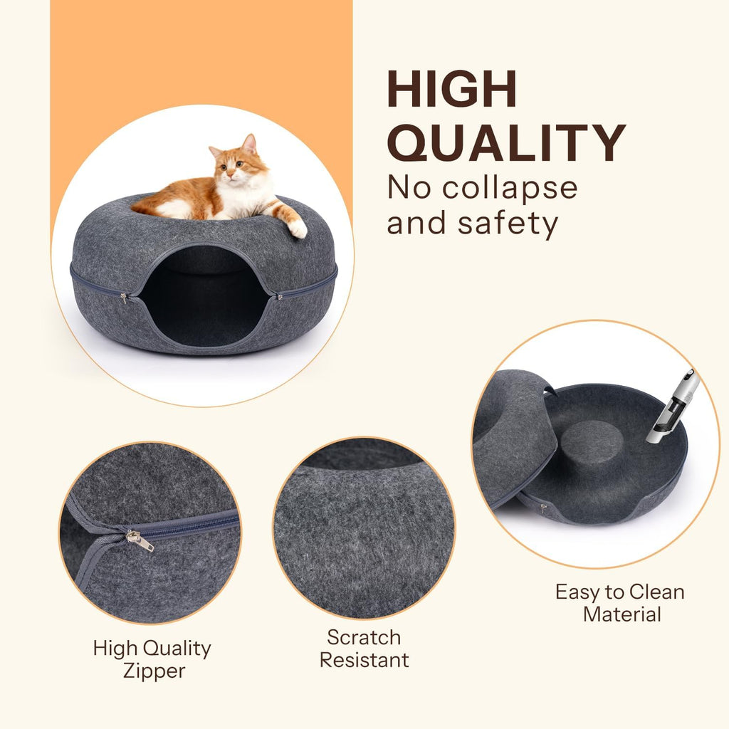 Cat Cave Bed - Peekaboo Cat Donut Tunnel, Scratch-Resistant Felt Cat Nest for Indoor Cats, Detachable Round Cat