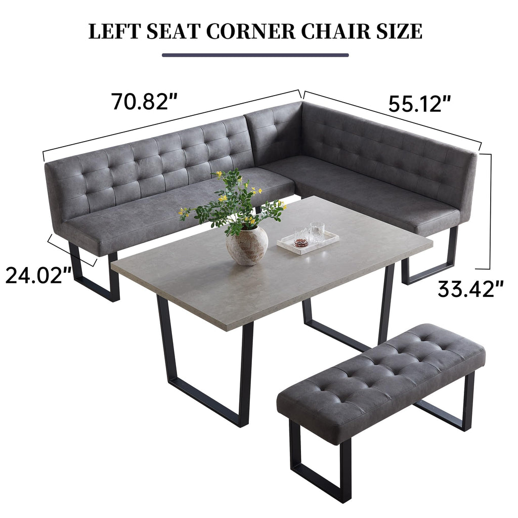 Dining Table Set with Bench, Grey Table with Grey Left Seat Bench