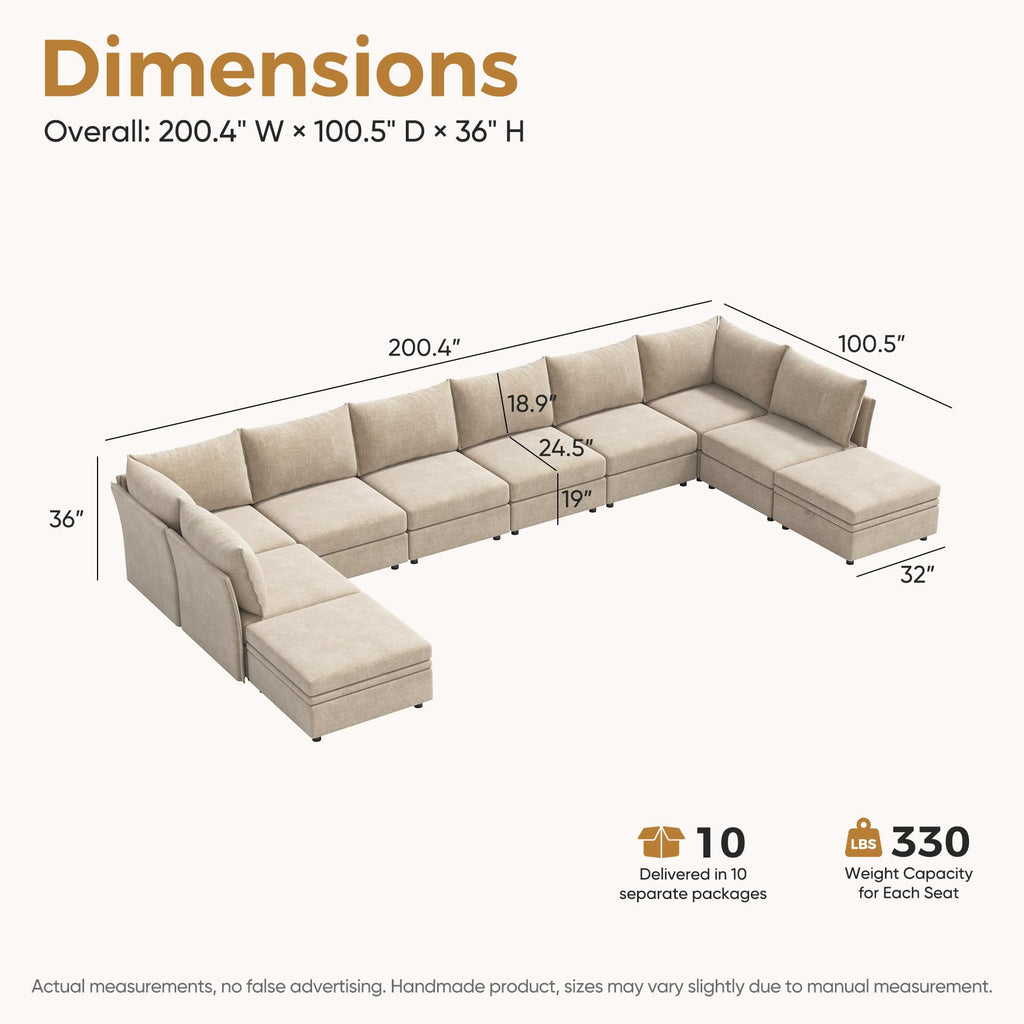 200.4" Oversized Modular Sectional Sofa, U Shaped Convertible Couch with Movable Ottoman, Large 10 Seats Corner