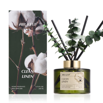 Reed Diffuser Set with 6.76 fl oz Clean Linen Scent Essential Oils and 3 Leaves & 8 Diffuser Sticks, Bathroom Shelf