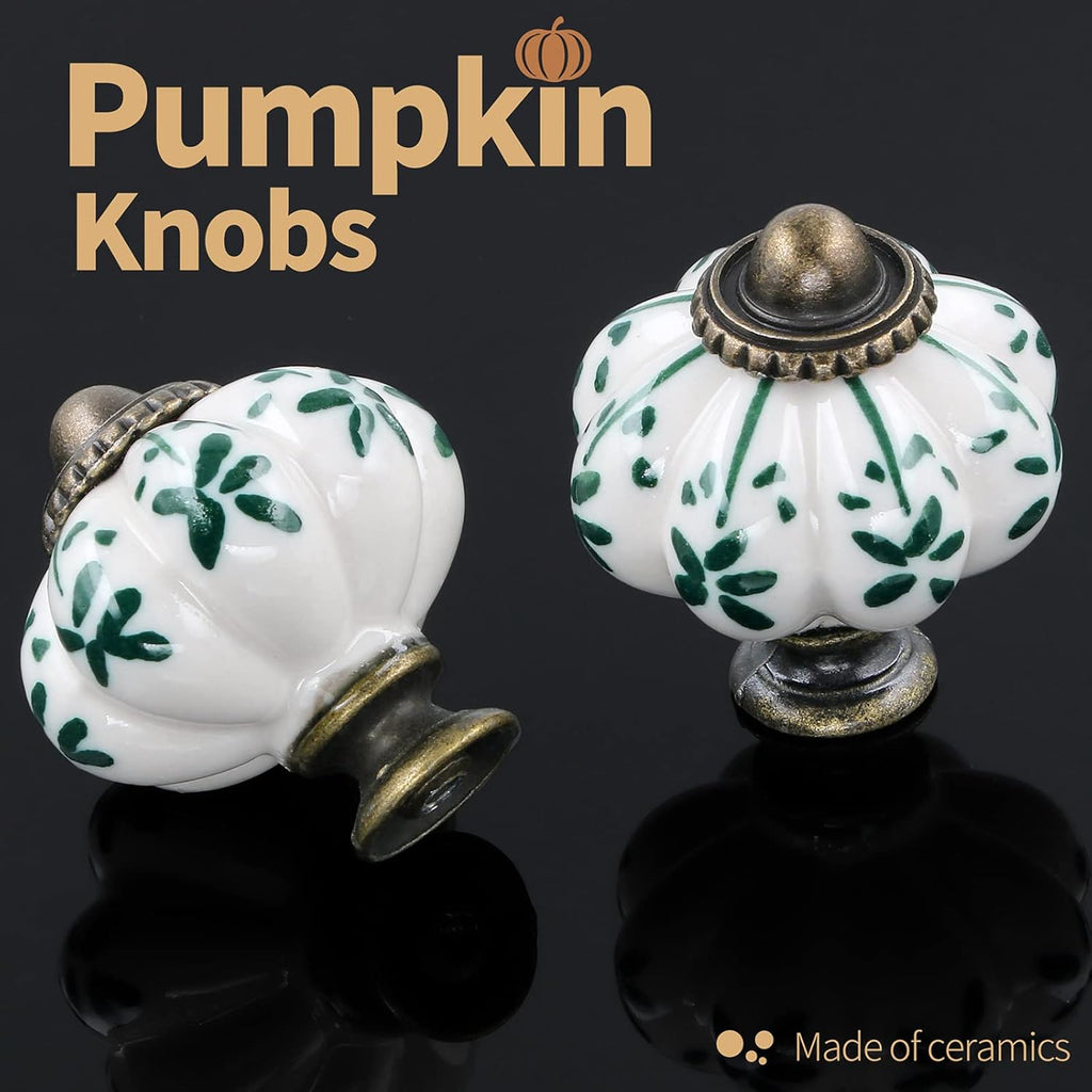 Ivory & Green Pumpkin Knobs 12 Pack Ceramic Cabinet Knobs Vintage Drawer Pulls - Antique Dresser Pulls with Screws