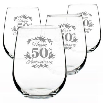Happy 50th Anniversary Stemless Wine Glass - 17 oz - Set of 4