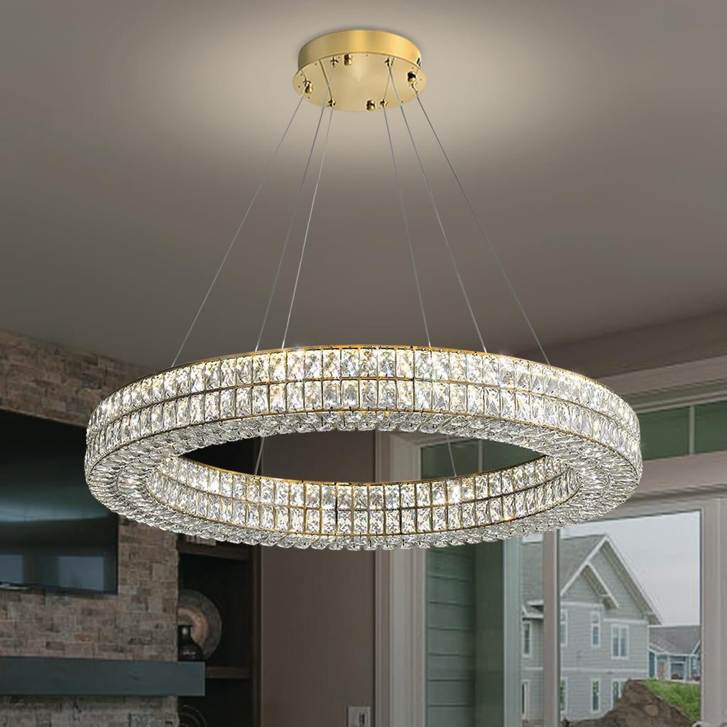 24" Gold Ring Crystal Chandelier, Modern Dimmable Chandeliers Lighting and Hanging Adjustable, LED Round Ceiling Light Fixtures for Dining Room Living Room A122-B0CHMD478Z