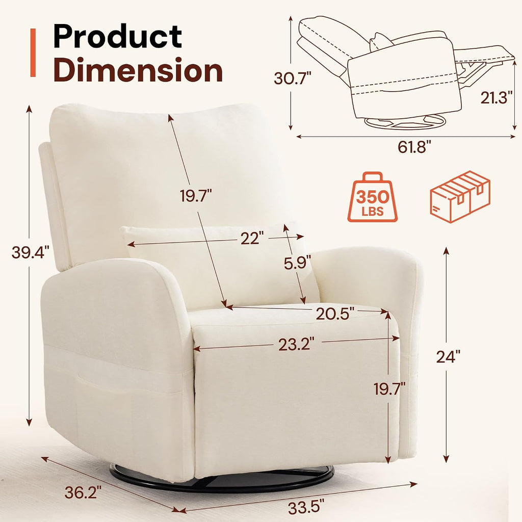 Power Swivel Rocker Recliner Chair, Electric Nursery Rocking Chairs with USB & Type-C Ports, Upholstered 23" Wide