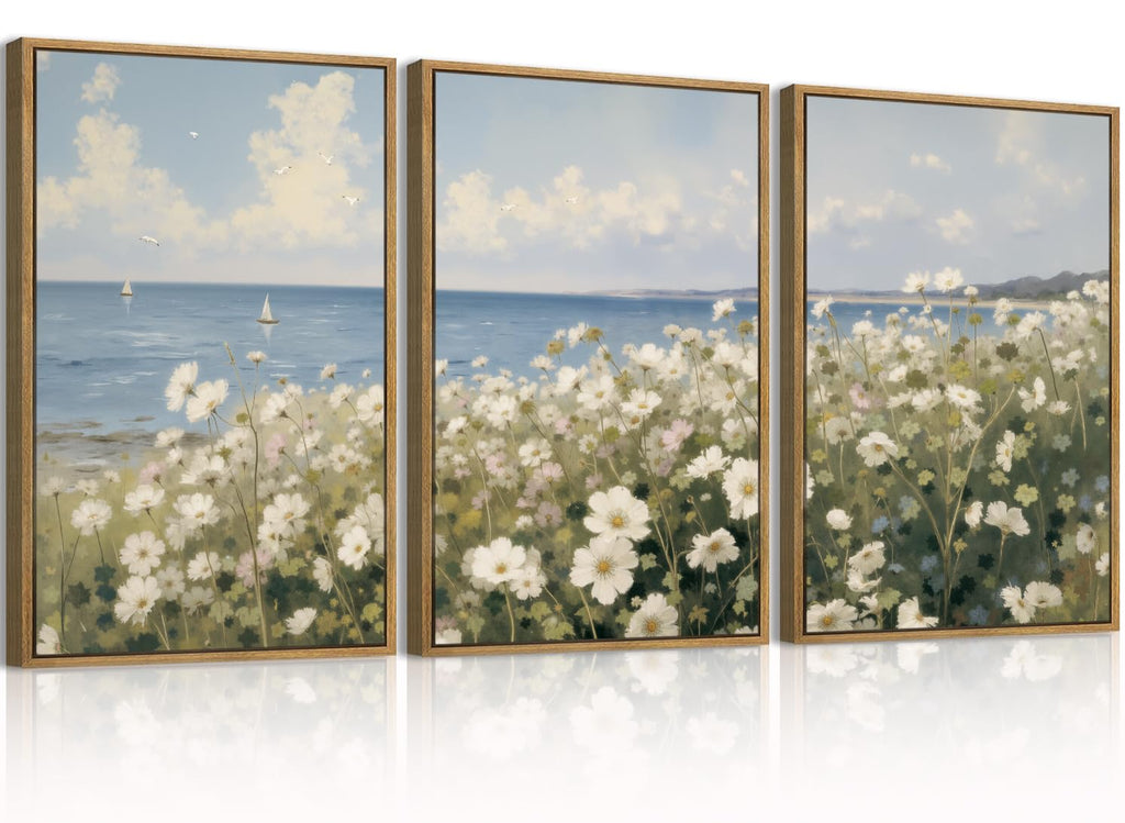 Large Farmhouse Flower Framed Wall Art 16x24 Inch Coastal Wildflower Canvas Wall Decor Modern Landscape Painting