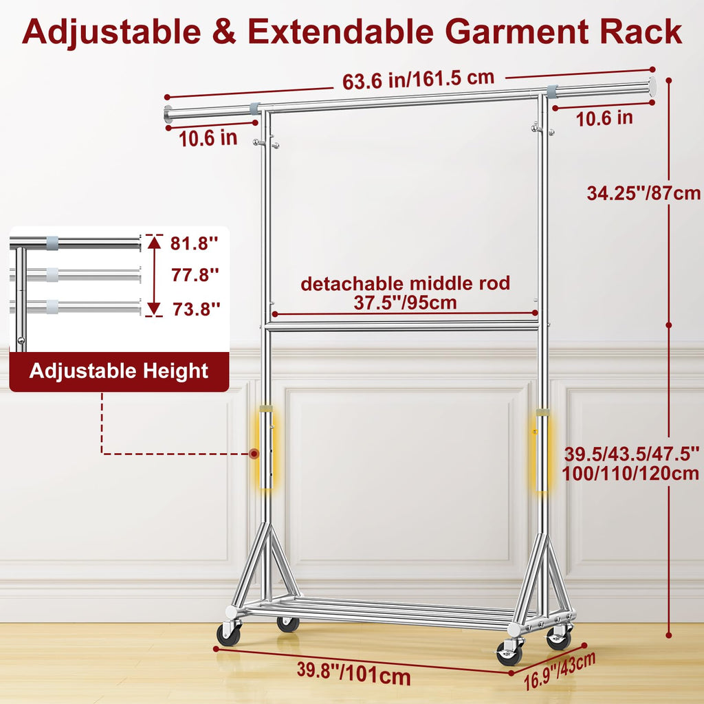100% Stainless Steel Heavy Duty Clothes Rack Load 860LBS, Adjustable Height Double Rods Clothing Racks for Hanging