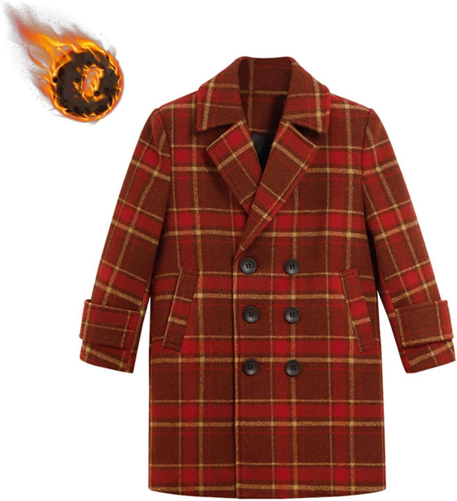 Plaid Trench Coat Girls Boys Wool Blend Pea Coats Notched Lapel Double Breasted Casual Overcoat