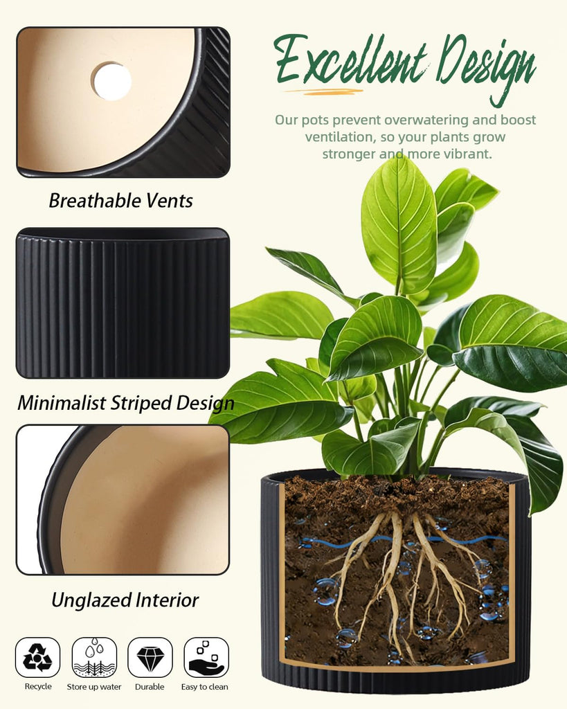 Matte Black Ceramic Plant Pots, 8.1 + 6 Inch Planters for Indoor Plants, Modern Flower Pots with Drainage, Two-Sizes
