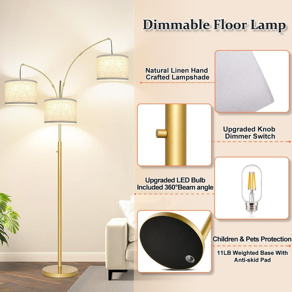 Dimmable Floor Lamp, 3 Lights Gold Arc Floor Lamp, Modern Tall Standing Tree Lamp with White Linen Shades & Heavy