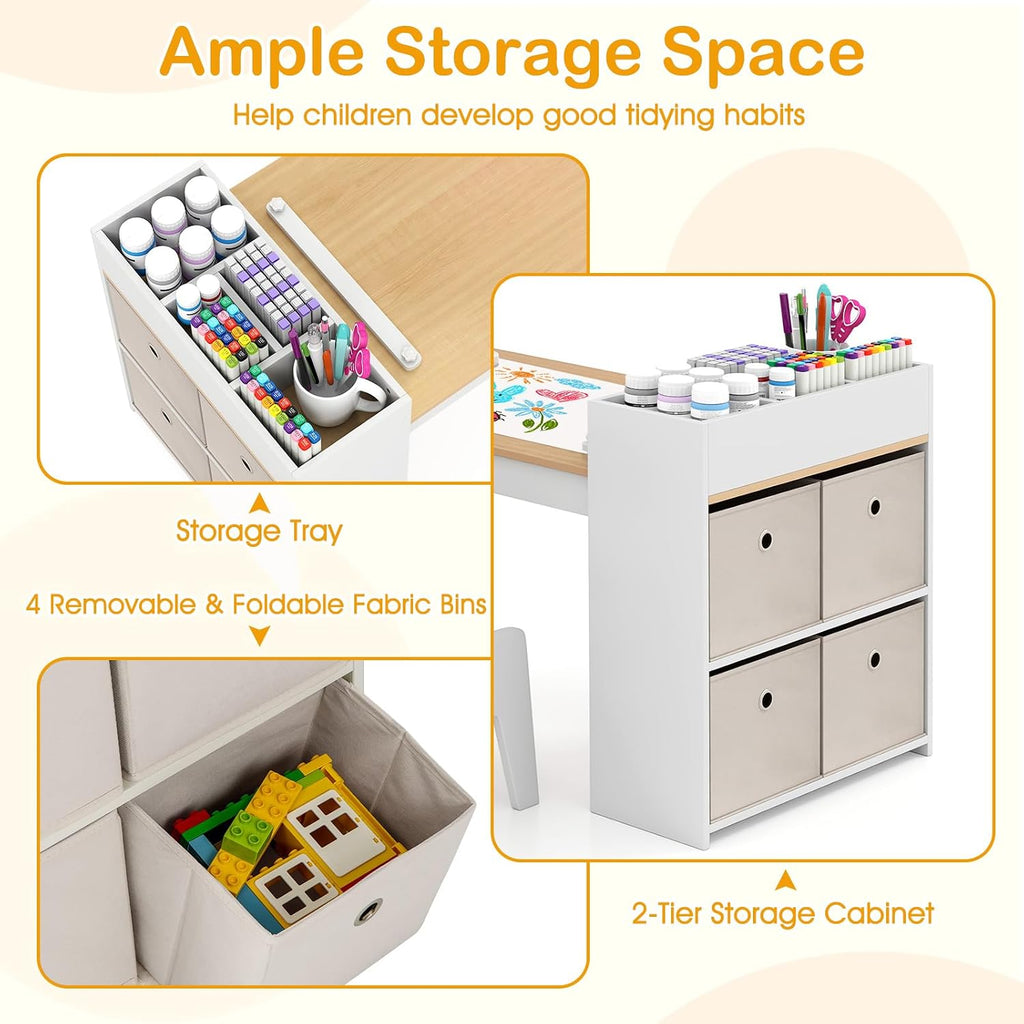 Kids Art Table and Chair Set with Storage and Paper Roll, Natural