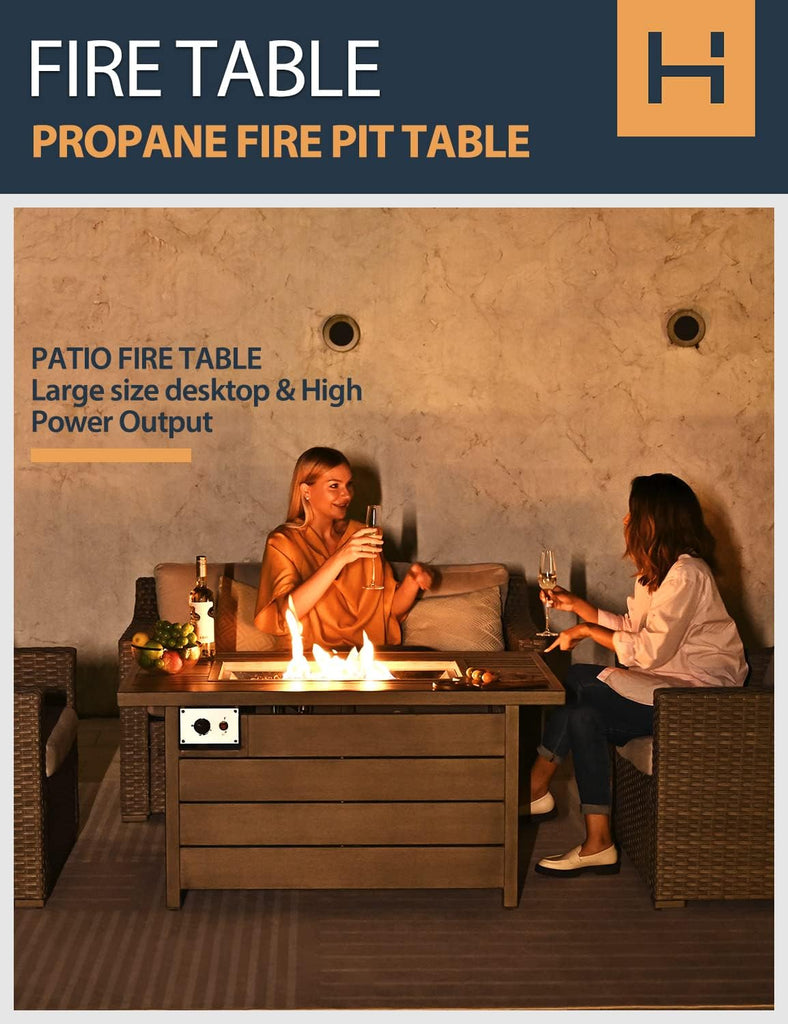 Propane Fire Pit Table, HAPPATIO 48inch 50000 BTU Gas Fire Pit with Aluminum Slats Table Top, Lid, Black Glass Rock