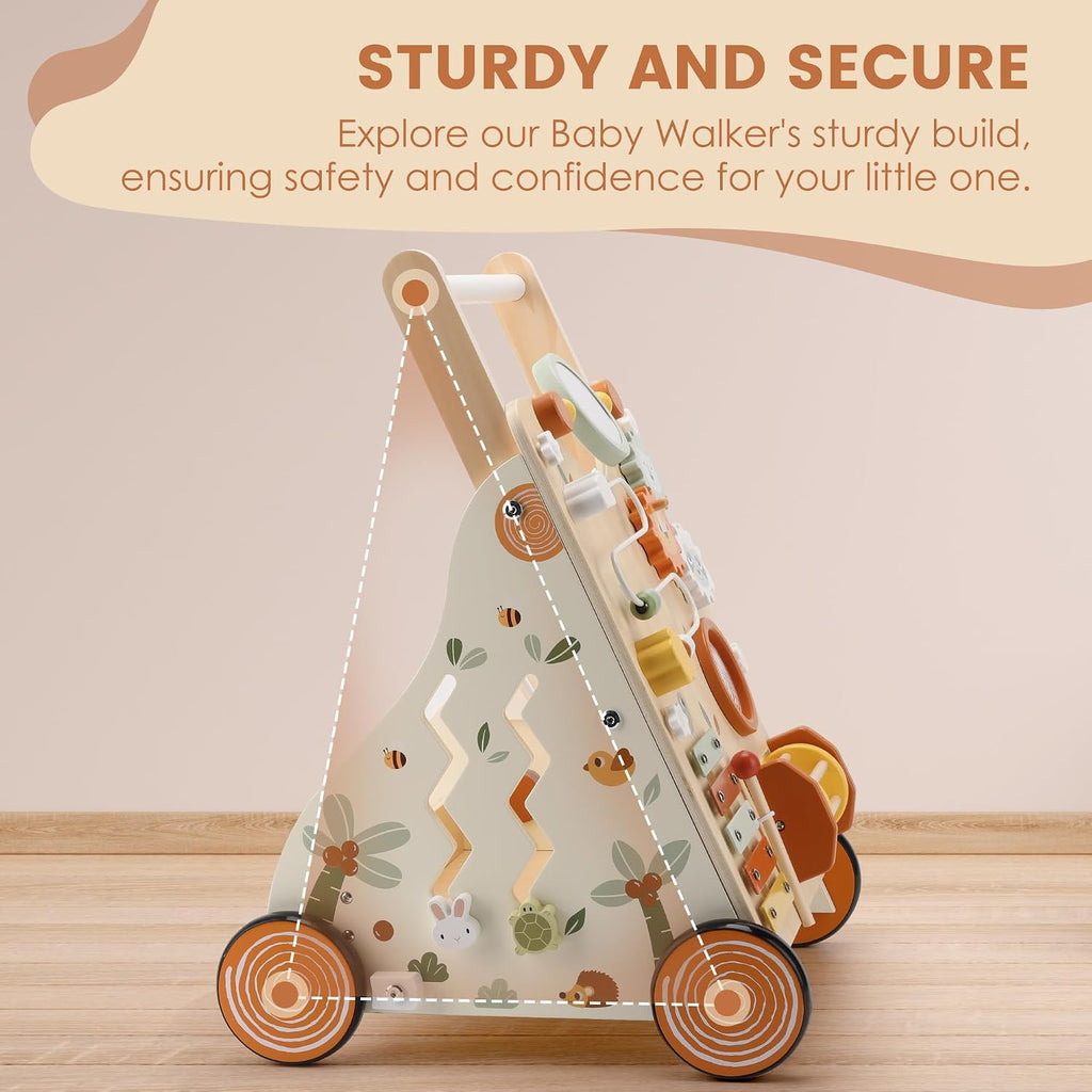 Wooden Baby Walker, Baby Push Walker with Activity Center for Girls Boys, Montessori Push Walker Toys for Babies