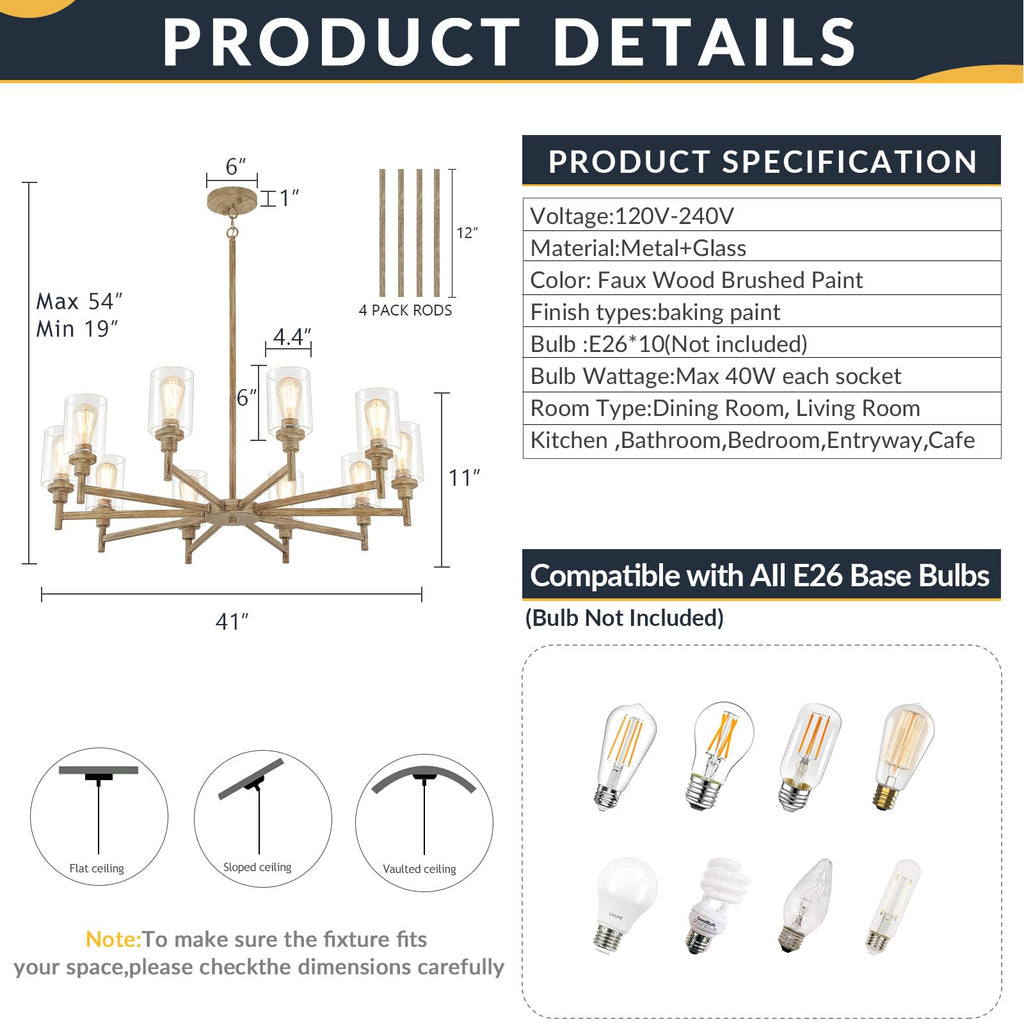 10-Light Large Farmhouse Chandeliers with Glass Cover 41"