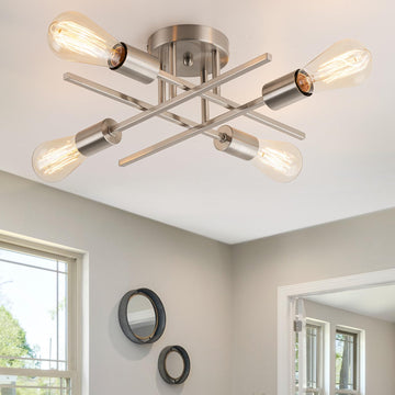 4-Light Modern Sputnik Chandeliers, Silver Mid Century Semi Flush Mount Ceiling Light Fixtures with E26 Base