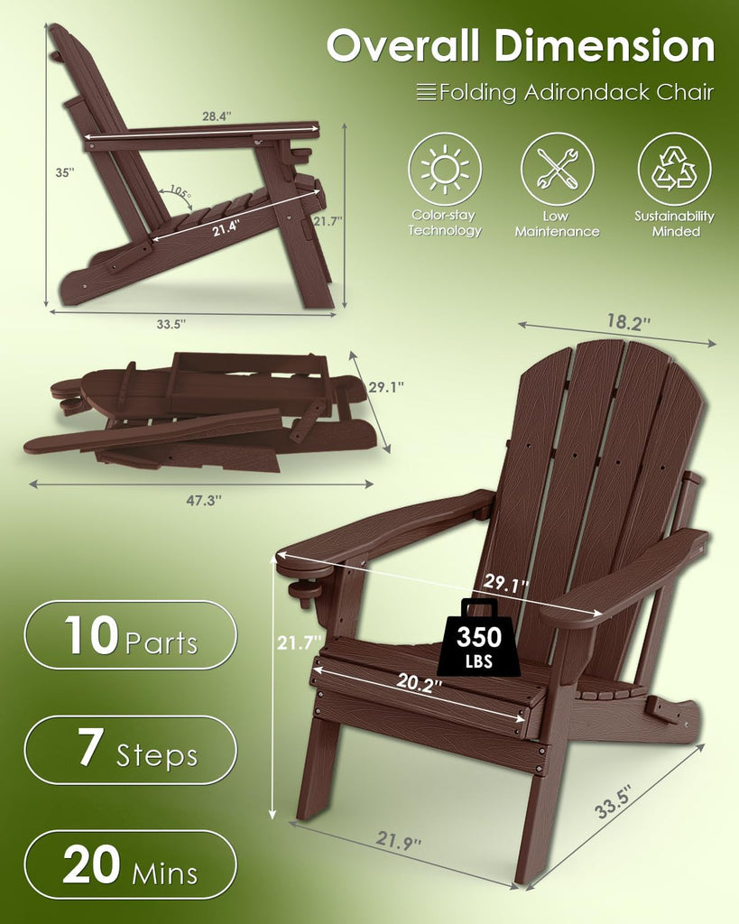 Folding-Adirondack-Chairs Set of 2, HDPE Wood Grain, Dark Brown | Hidden Cup Holder | 5" Wide Armrests | Foldable