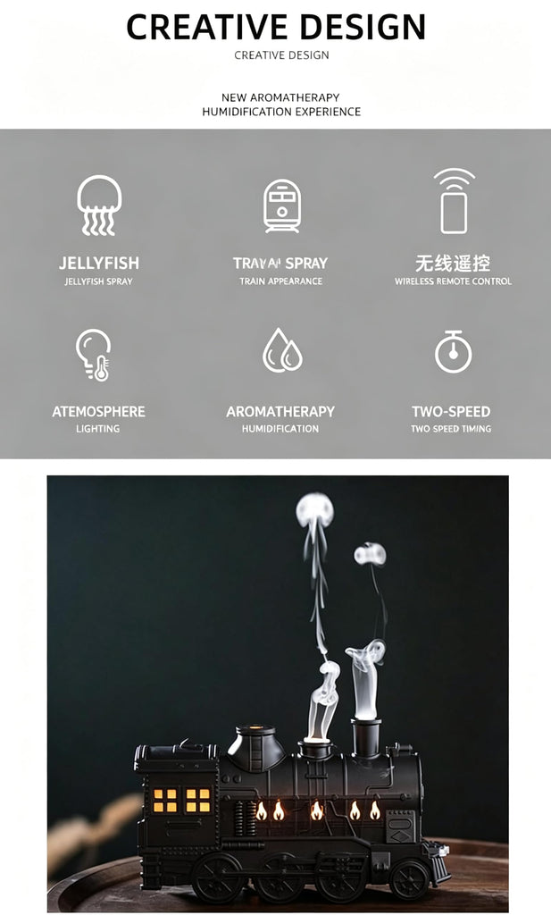 Vintage Steam Train Aromatherapy Essential Oil Diffuser RC Humidifier with 2-Color LED Light/2 Mist