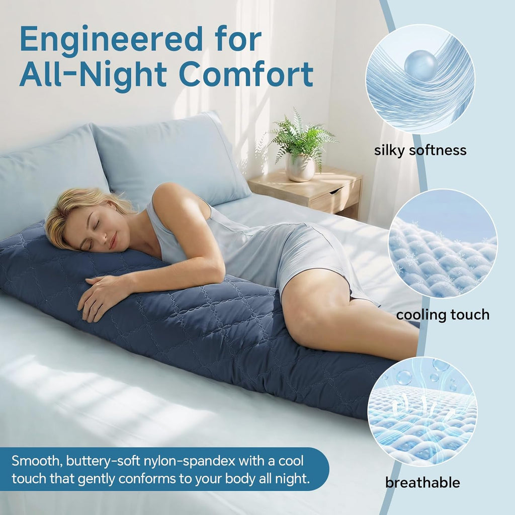 Cooling Body Pillow, Memory Foam Filled, Navy Blue, 20x54 Inches | Soft & Cool-Touch Quilted Nylon-Spandex Cover