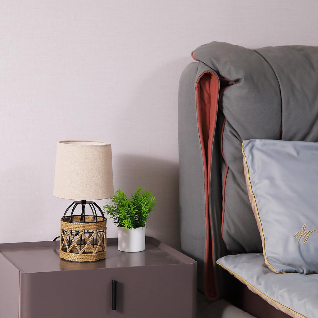 2 Pack Boho Rattan Table Lamps, Small Bedside Nightstand Lamp with Metal Cage Base Linen Shade, Farmhouse Coastal