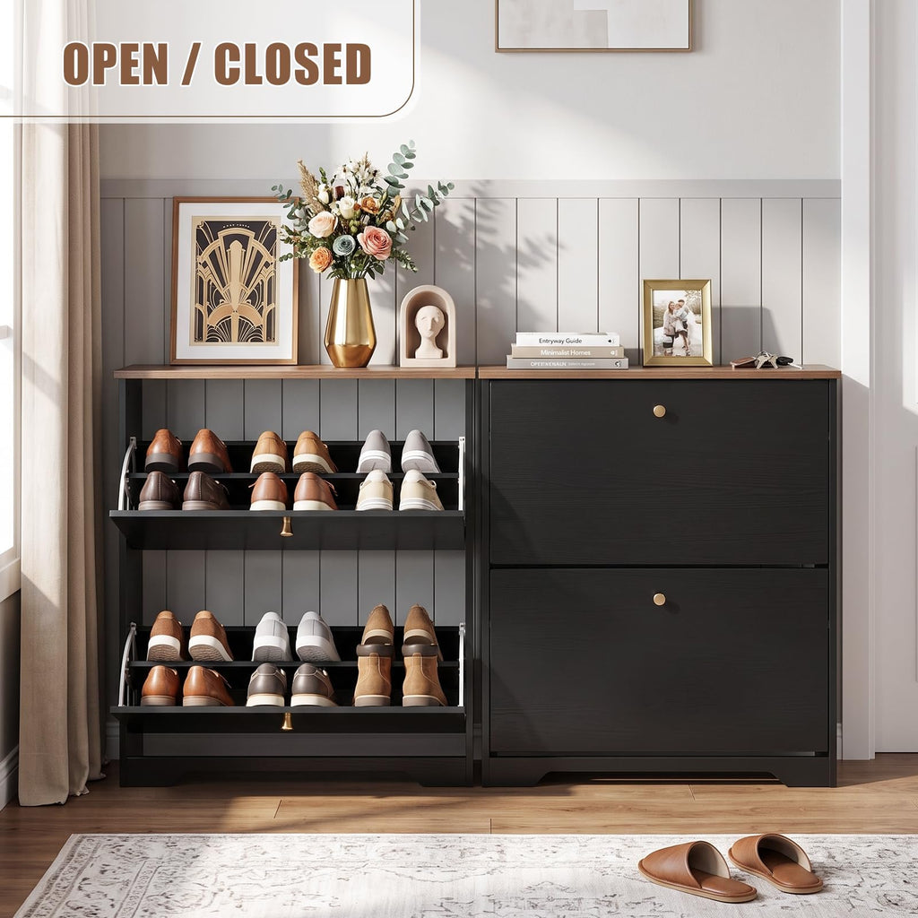Shoe Cabinet, 2 Flip Drawers Slim Black Walnut Top Entry Storage