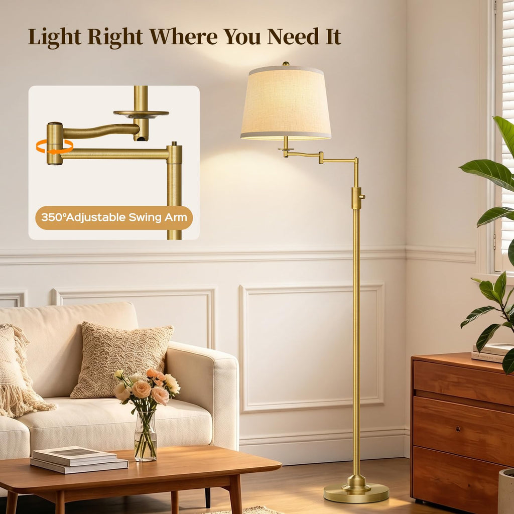 Dimmable Floor Lamp with 350° Swing Arm, 9w Bulb Included, Gold Brass