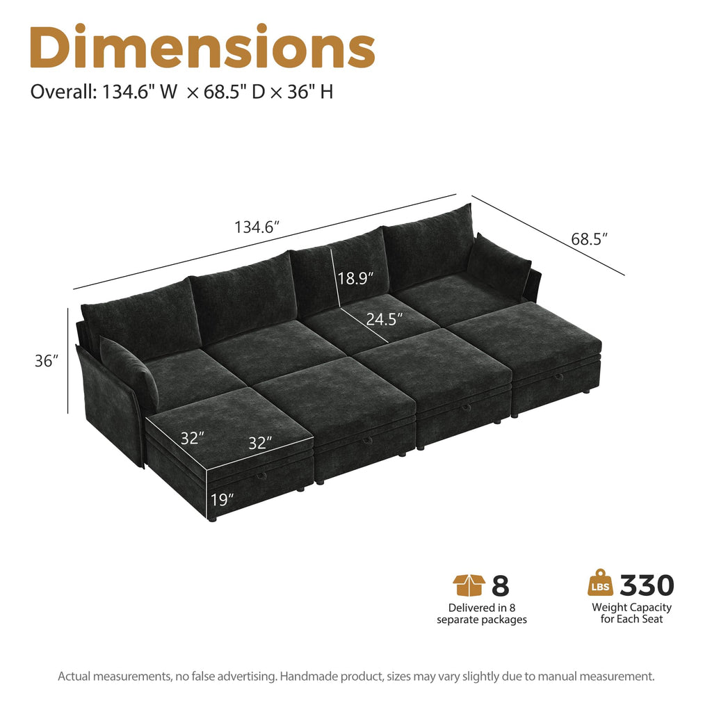 136.4" Modular Sleeper Sofa Bed, U Shaped Sectional Couch with Movable Stroage Ottoman, Large 8 Seat Corner Couches
