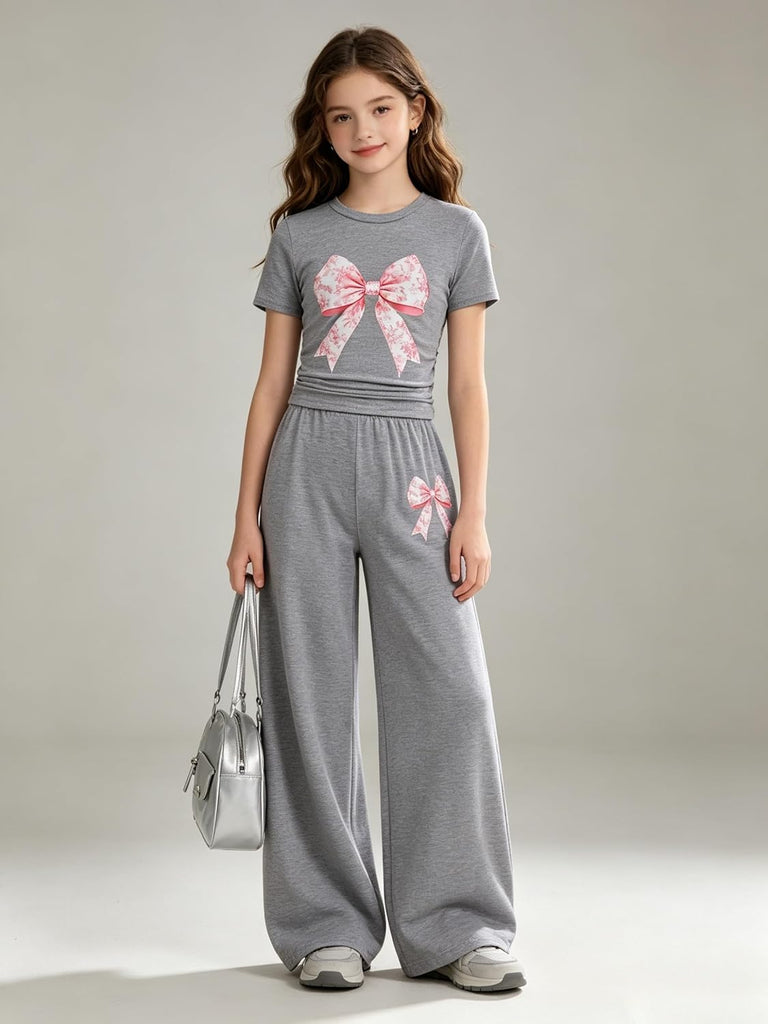 Teen Girl Clothes Bow Graphic Short Sleeve T-Shirt Top+Wide Leg Pants 2 Piece Outfit Set