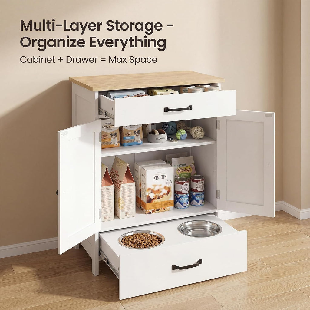 Elevated Stainless Dog Bowls, Feeding Station for Food Storage White Wood