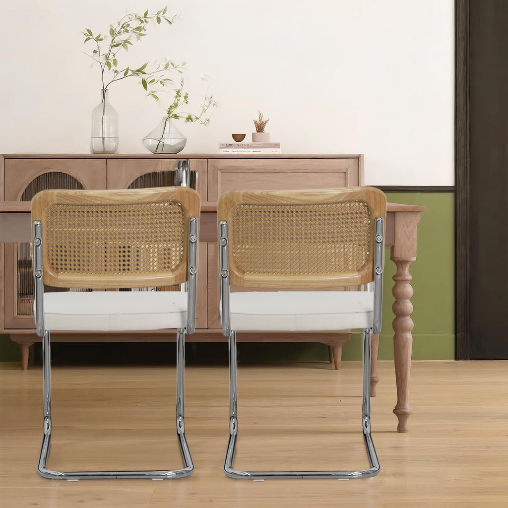 Rattan Dining Chairs Set of 6, Velvet Cushion Kitchen Cesca Chairs, White